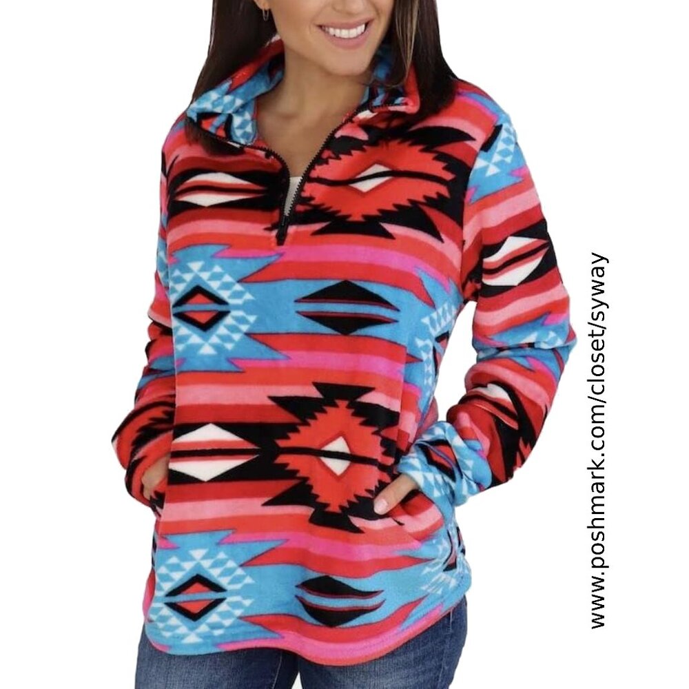 Trail Crest Aztec Velour 1/4 Zip Pullover, Ultra Soft Plush Coral Fleece